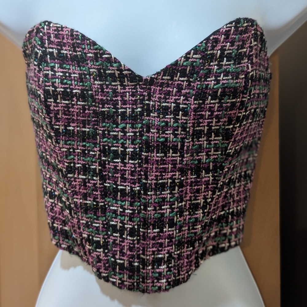 Zara Women Houndstooth Tweed Strapless Structured Cropped Corset Bustier Small